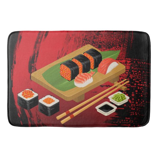 Chique Moderne Elegante Zwarte & Rode Sushi Badmat (Voorkant)