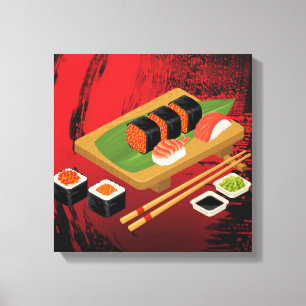 Chique Moderne Elegante Zwarte & Rode Sushi Canvas Afdruk