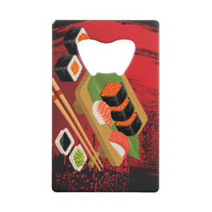 Chique Moderne Elegante Zwarte & Rode Sushi Creditkaart Flessenopener