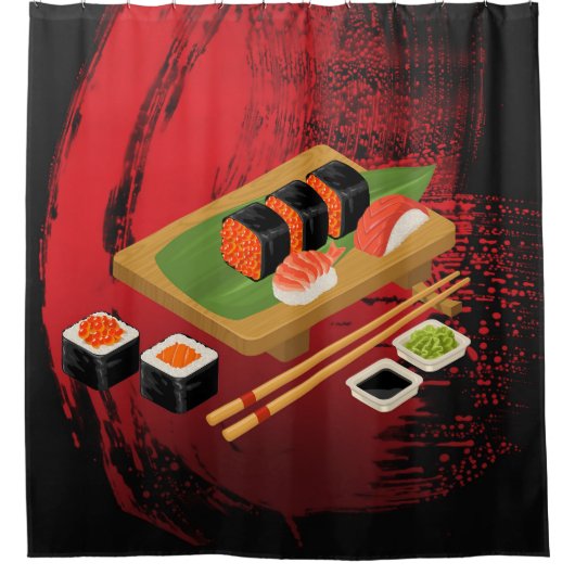 Chique Moderne Elegante Zwarte & Rode Sushi Douchegordijn (Voorkant)