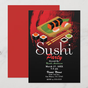 Chique Moderne Elegante Zwarte & Rode Sushi Feest Kaart