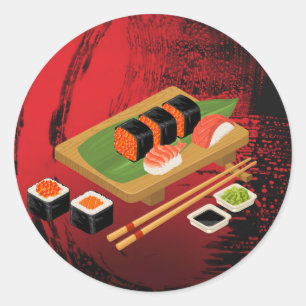 Chique Moderne Elegante Zwarte & Rode Sushi Feest Ronde Sticker