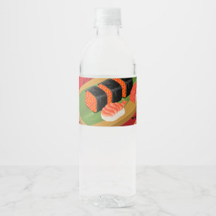 Chique Moderne Elegante Zwarte & Rode Sushi Feest Waterfles Etiket