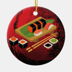 Chique Moderne Elegante Zwarte & Rode Sushi Keramisch Ornament