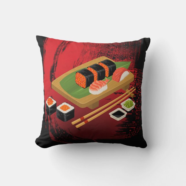 Chique Moderne Elegante Zwarte & Rode Sushi Kussen (Voorkant)
