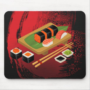 Chique Moderne Elegante Zwarte & Rode Sushi Muismat