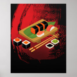 Chique Moderne Elegante Zwarte & Rode Sushi Poster