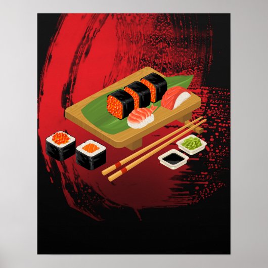 Chique Moderne Elegante Zwarte & Rode Sushi Poster (Voorkant)