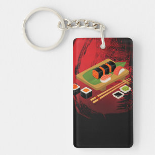 Chique Moderne Elegante Zwarte & Rode Sushi Sleutelhanger