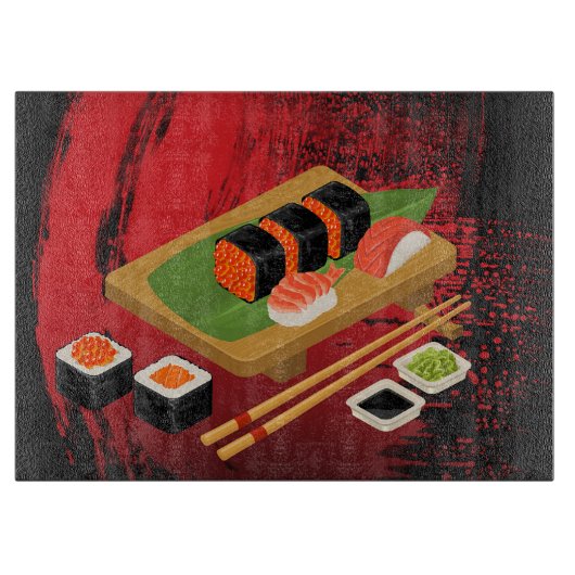 Chique Moderne Elegante Zwarte & Rode Sushi Snijplank (Voorkant)