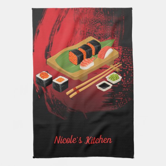 Chique Moderne Elegante Zwarte & Rode Sushi Theedoek (Verticaal)