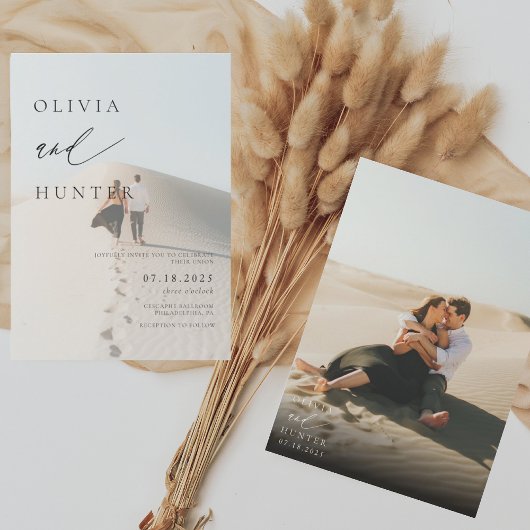 Chique moderne foto zwart & wit bruiloft kaart