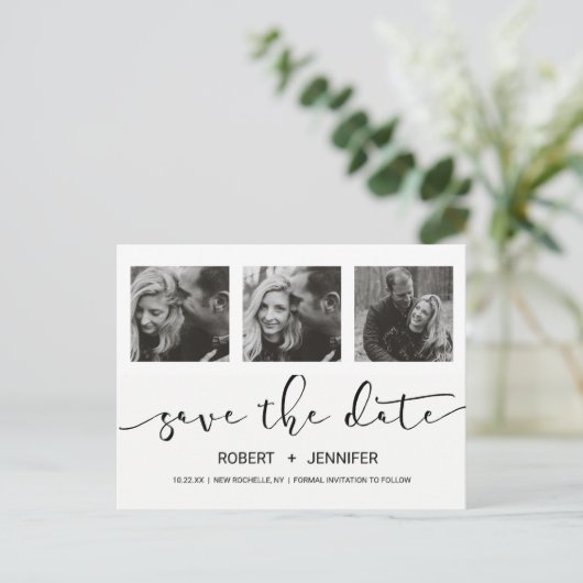 Chique moderne handgetekende save the date foto aankondigingskaart (Staand voorkant)