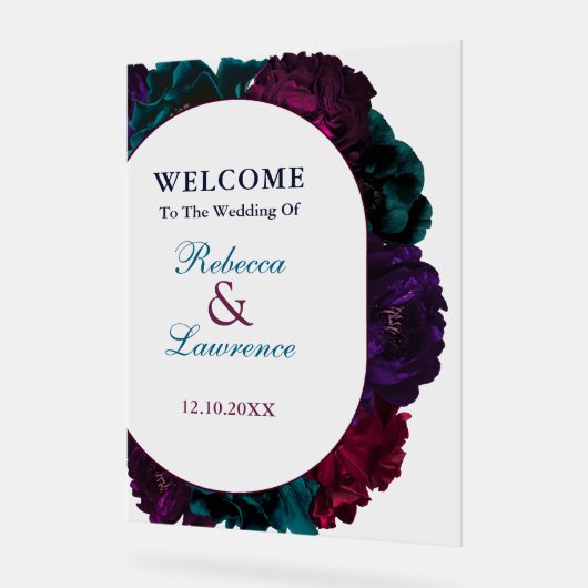 Chique moderne juwelentonen bloemenbruiloft welkom acryl bord (Hoek)