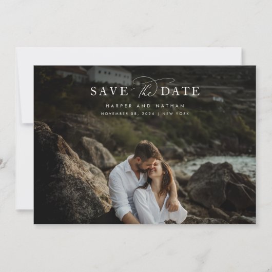 Chique moderne kustbruiloftsfoto save the date (Voorkant)