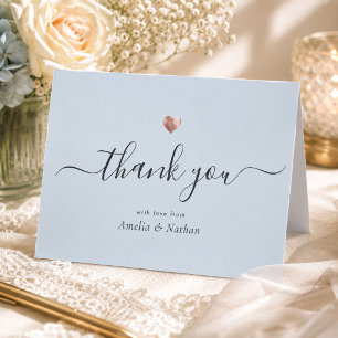 Chique moderne lichtblauwe script roze gouden hart bedankkaart
