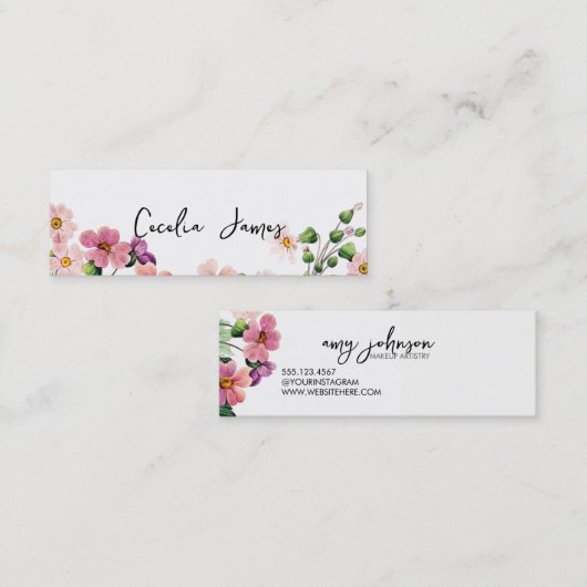 chique moderne make-up artiest waterverf roze bloe mini visitekaartje (Voorkant / Achterkant)