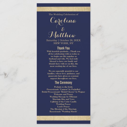 Chique moderne marine blauw goud luxe bruiloft pro programmakaart (Voorkant)