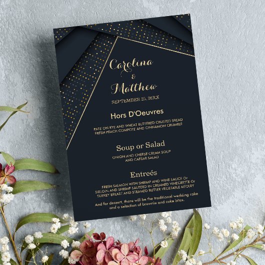 Chique moderne marineblauwe gouden luxe Trouwmenu Menu