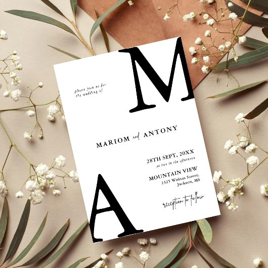 Chique Moderne Monogram Initiaal Zwart Wit Trouwda Kaart