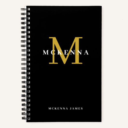Chique Moderne Monogram Zwar Goud Initiële Naam Notitieboek (Voorkant)