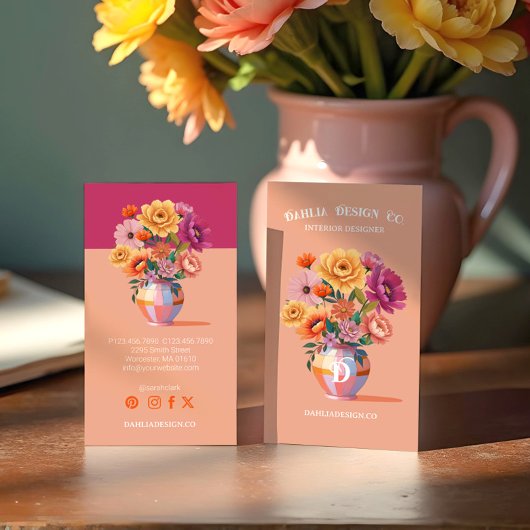 Chique moderne retro geruite vaas en gedurfde bloe visitekaartje