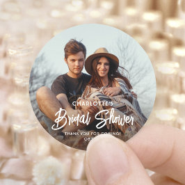 Chique moderne script- en fotobruids douche bedank ronde sticker