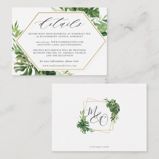Chique moderne tropische groen bruiloft details informatiekaartje (Voorkant / Achterkant)