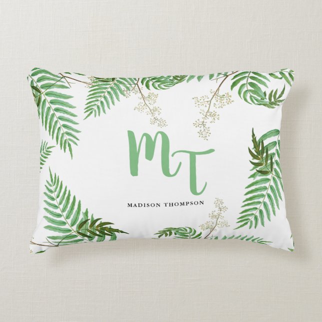 Chique moderne waterverf groene initialen accent kussen (Voorkant)