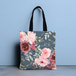 Chique Moderne Waterverf Roze Bourgogne Bloemennaa Tote Bag<br><div class="desc">Dit moderne ontwerp heeft een  waterverf bloemen van bordeaux en roze bloemen op een blauwgroen achtergrond met uw gepersonaliseerde naam. Pas het aan door de tekst te bewerken in het tekstvak #floral #botanical #tas #totebags #bags #handbags #accessoires #mode #fashionable #style #stylish #design #design #trendy #trending</div>