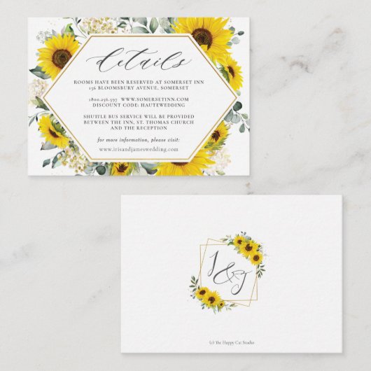 Chique moderne zonnebloem bloemenbruiloft details informatiekaartje (Voorkant / Achterkant)