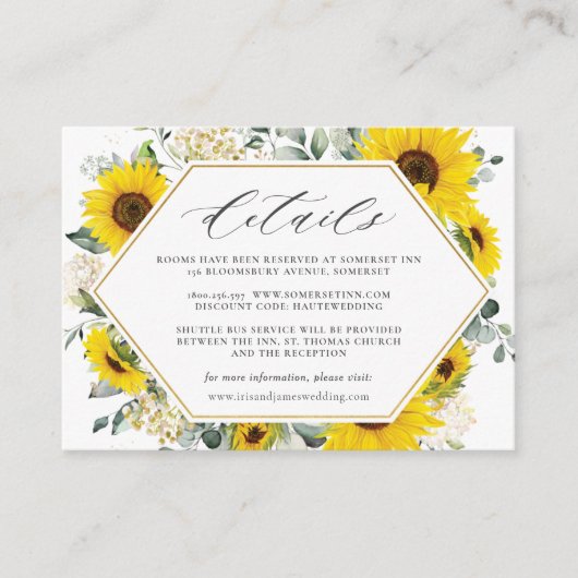 Chique moderne zonnebloem bloemenbruiloft details informatiekaartje (Voorkant)