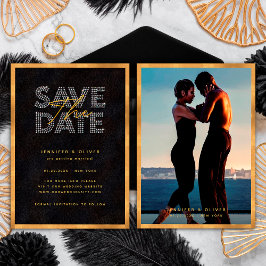 Chique moderne zwart-gouden luxe fotobruiloft save the date