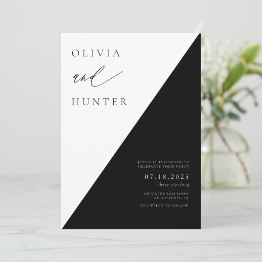 Chique moderne zwart & wit bruiloft kaart (Staand voorkant)