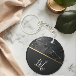 Chique moderne zwarte grijze marmeren gouden monog sleutelhanger