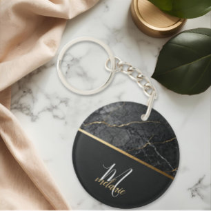 Chique moderne zwarte grijze marmeren gouden monog sleutelhanger