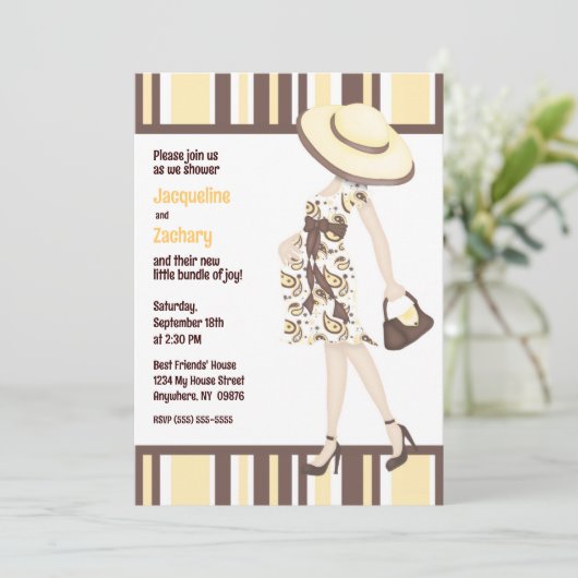 Chique Mom-to-be Bruin Geel Gestreept Baby shower Kaart (Staand voorkant)