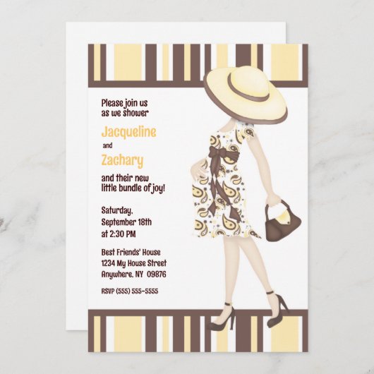 Chique Mom-to-be Bruin Geel Gestreept Baby shower Kaart (Voorkant / Achterkant)