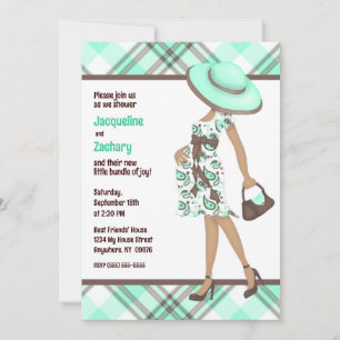 Chique Mom-to-Be (donkere huid) Green Plaid Baby s Kaart