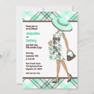 Chique Mom-to-Be (donkere huid) Green Plaid Baby s Kaart