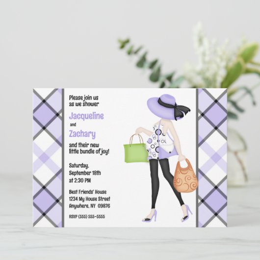 Chique Mom-to-be Paarse geruite Baby shower Kaart (Staand voorkant)