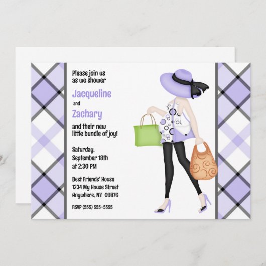 Chique Mom-to-be Paarse geruite Baby shower Kaart (Voorkant / Achterkant)