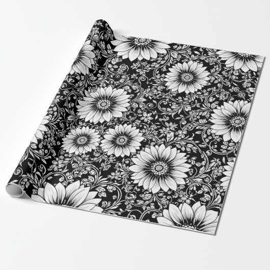Chique monochrome bloem luxe patroon (5) cadeaupapier (Uitgerold)