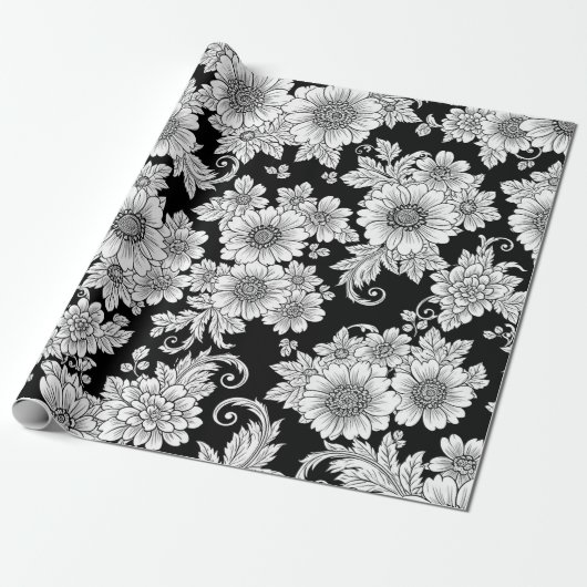 Chique monochroom bloem luxe patroon (2) cadeaupapier (Uitgerold)