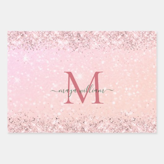 Chique Monogram 3 Kleur Glitter Roze Inpakpapier Vel (Voorkant 2)