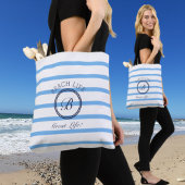 Chique Monogram Blauw en Wit Gestreept Strandleven Tote Bag