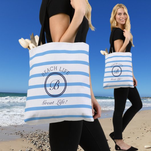 Chique Monogram Blauw en Wit Gestreept Strandleven Tote Bag