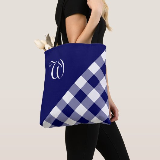 Chique Monogram Blauw Wit Buffel Controleer Geomet Tote Bag (Dichtbij)