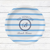 Chique Monogram Blauwe Strepen Familie Strand Huis Papieren Bordje