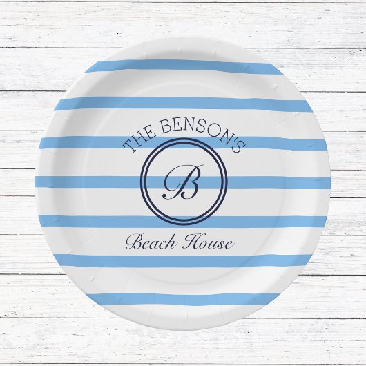 Chique Monogram Blauwe Strepen Familie Strand Huis Papieren Bordje